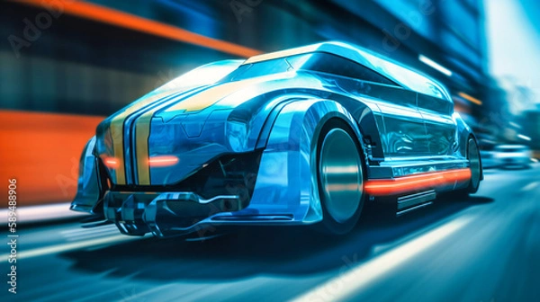 Fototapeta A futuristic electric cargo transport vehicle on a busy highway, showcasing efficiency and sustainability