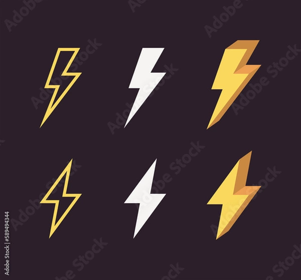 Fototapeta Lightning and different style isolated voltage symbol on black background flat illustration.	
