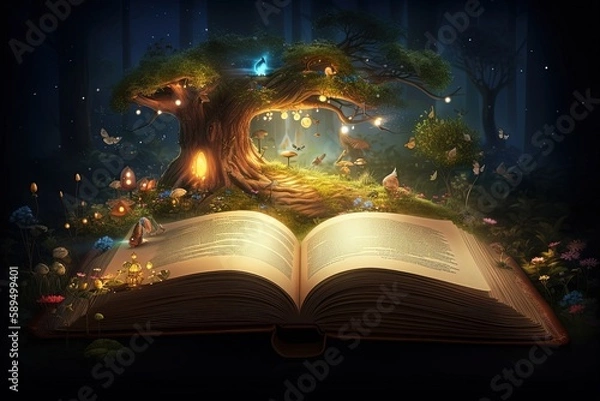 Fototapeta Zaklęta magiczna bajkowa książka z sceną fantasy wyskakującą na stronie, Fairy Forest with Big Tree z lśniącym lampką w nocy, generatywna sztuczna inteligencja