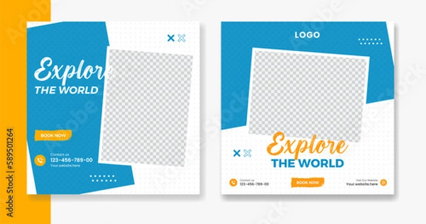 Obraz Creative Travel social media post design, holiday vacation square post template, hotel online post vector, happy journey carousel