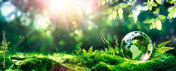 Fototapeta Earth Day - Environment - Green Globe In Forest With Moss And Defocused Abstract Sunlight