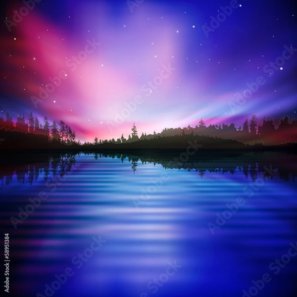 Obraz abstract background with forest lake and sunrise
