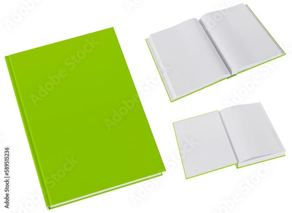 Fototapeta Set of three book mockups in blank, green gloss, hardcovers. Closed, opened on first page and the middle. Image without background.