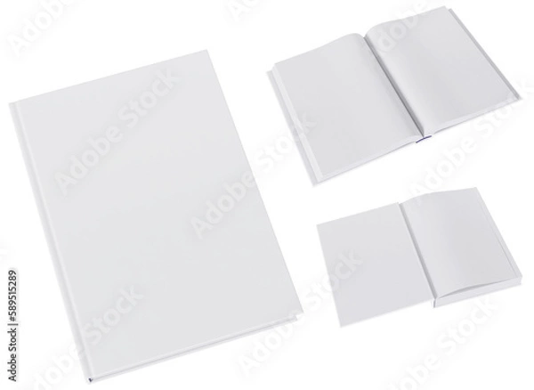 Fototapeta Set of three book mockups in blank, white gloss, hardcovers. Closed, opened on first page and the middle. Image without background.