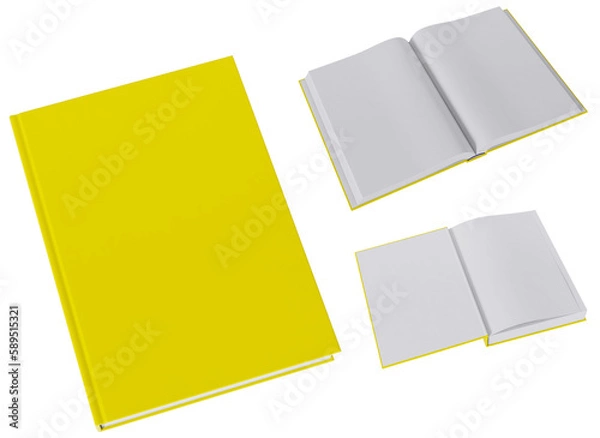 Fototapeta Set of three book mockups in blank, yellow gloss, hardcovers. Closed, opened on first page and the middle. Image without background.