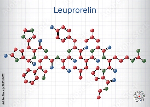Fototapeta Leuprorelin, leuprolide molecule. It is drug for treatment of prostate cancer, uterine leiomyomata. Structural chemical formula, molecule model.