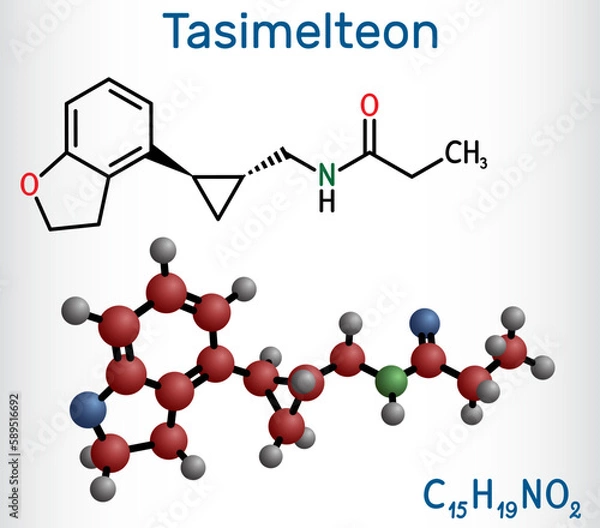 Obraz Tasimelteon molecule. It is sleep disorder medication. Structural chemical formula and molecule model