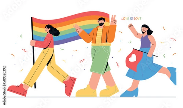 Fototapeta People walking on a pride month parade with rainbow flag. Vector flat minimalist illustration with pride month people