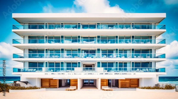 Fototapeta A striking image of a modern beachfront boutique hotel, exuding elegance and sophistication with its clean lines and breathtaking ocean views