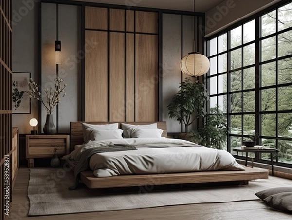Obraz Minimalist japandi style bedroom interior design with big windows, generative ai room design with combination of scandinavian and japanese best ideas