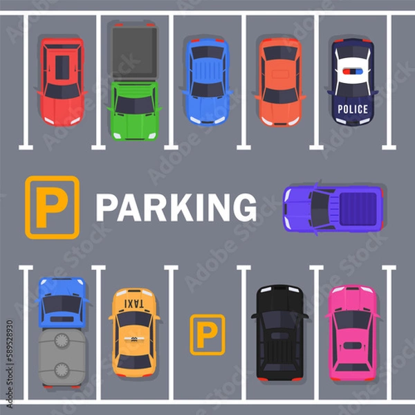 Fototapeta rban traffic concept with top view parked cars in parking zone, outdoor free parking lot, city transport services. Highway code vector illustration.