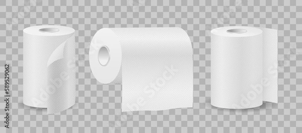 Fototapeta Toilet paper roll vector towel tissue icon. Isolated kitchen 3d paper toilet illustration wc realistic tape bathroom isometric cylinder.
