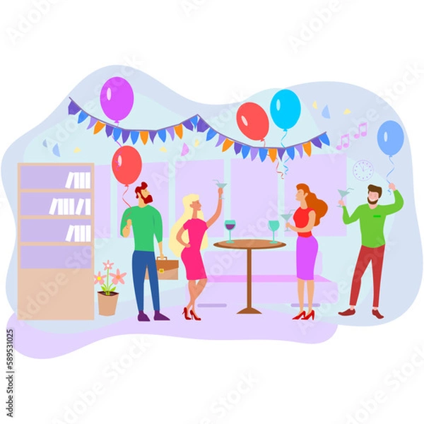 Obraz Happy people having fun at office party. 
Excited office girls and guys celebrating success together.
Corporate party, team building activity, corporate event idea concept.
