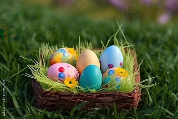 Fototapeta Easter composition on grass backgrount