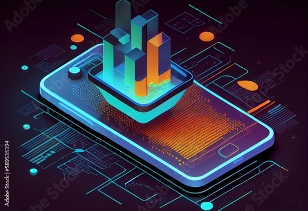 Fototapeta Isometric mobile phone shows a business graph and analytics data for software development coding process concept and analysis trends with cross-platform code testing. Generative AI