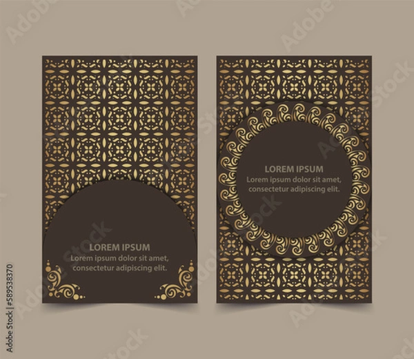 Fototapeta Vintage ornament greeting card vector template. Retro wedding invitation, advertising or other design and place for text. Flourishes ornamental frame and pattern background.