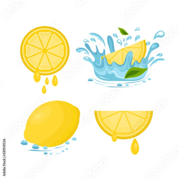 Fototapeta Lemon fruit. Water with lemon. Drops of juice. Vector set in flat style