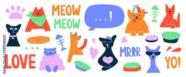 Fototapeta Bright vector collection with funny cats and doodles. Decorative abstract horizontal banner with colorful designs. Hand drawn modern cartoon illustration with cats, lettering, abstract elements.