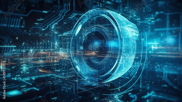 Obraz an image of a circular electronic screen with digital information on it, in the style of futuristic, sci-fi elements, soft edges and blurred details, robotic motifs, light gray and dark aquamarine