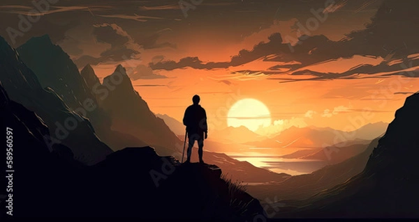 Fototapeta silhouette of a person in the mountains at sunrise created with Generative AI technology