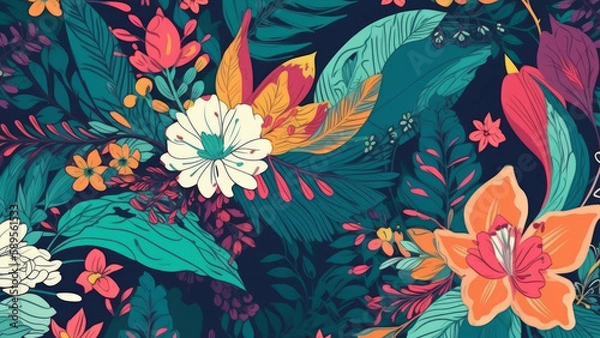 Fototapeta tropical flowers background drawing.  Generative AI