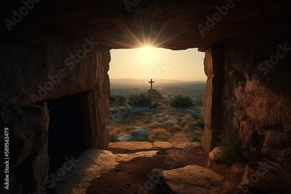 Fototapeta Inhabited stone cave at sunrise made with generative AI
