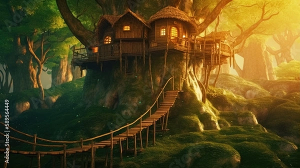 Fototapeta Tree houses with wooden bridge in fantasy forest, misty morning. Sun rays in fog. Generative AI