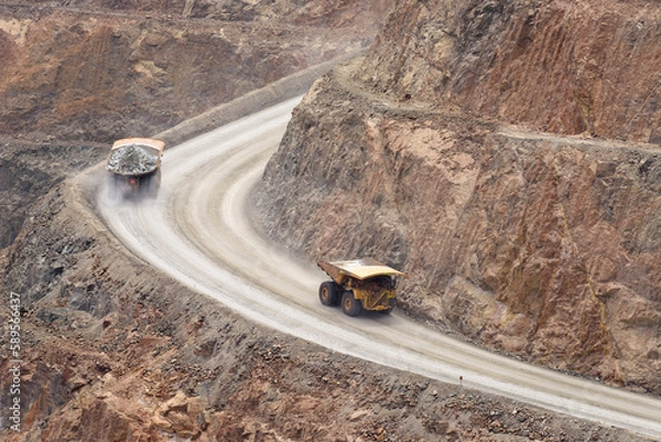 Fototapeta two dump trucks on the way in to the super pit, aerial view, Kalgoorlie, Boulder, Goldfields, Western Australia, Australia, Ozeanien