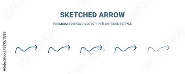 Obraz sketched arrow icon in 5 different style. Outline, filled, two color, thin sketched arrow icon. Editable vector can be used web and mobile