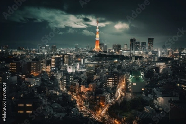 Fototapeta Tokyo city skyline at night, Japan. Toned image, Generative Ai