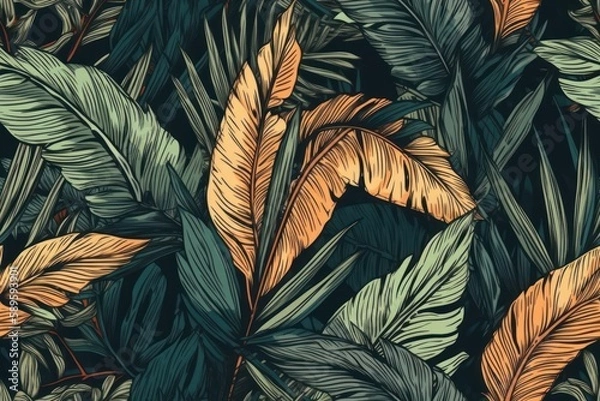 Fototapeta Tropical palm leaves seamless patterns. Illustration, Generative Ai
