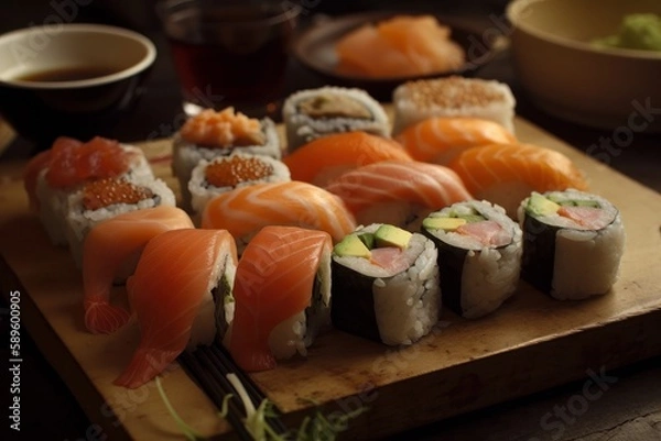 Fototapeta Sushi set in a wooden box on a wooden board, Generative Ai