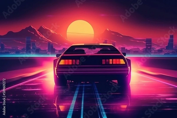 Obraz Car on the road at sunset, Digital illustration in retro style, Generative Ai