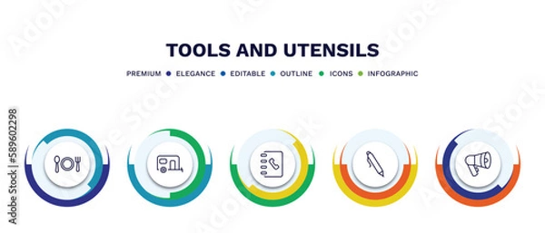 Fototapeta set of tools and utensils thin line icons. tools and utensils outline icons with infographic template. linear icons such as dining, house on wheels, telephone agenda, ink pen, megaphone side view