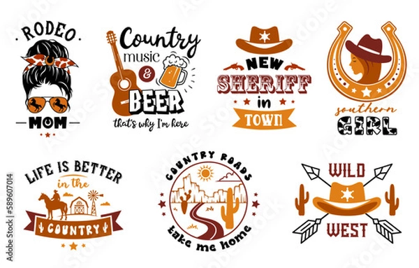 Obraz Coffee sign with quotes. Set of coffee symbols or badge. Funny cafe emblem designs with coffee beans, mugs cups.