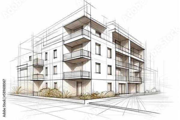 Obraz linear project of block of flats. Architectural concept sketch of modern apartments. Illustration Generative AI. 