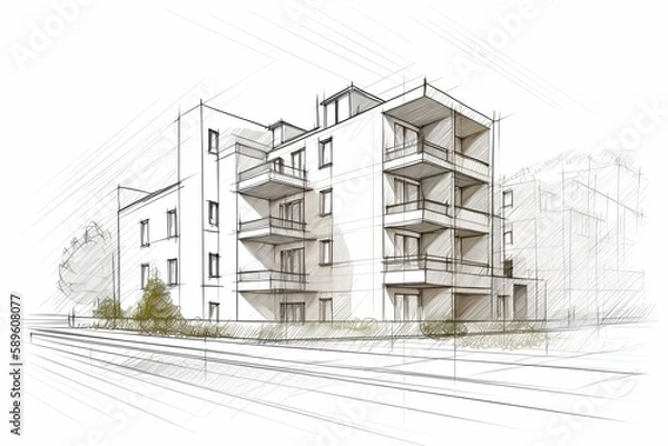 Obraz linear project of block of flats. Architectural concept sketch of modern apartments. Illustration Generative AI. 
