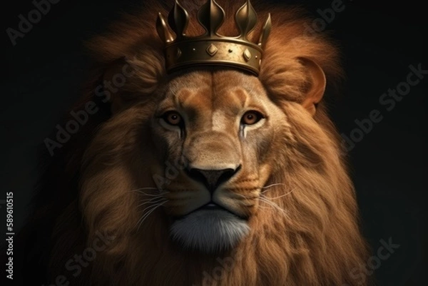 Fototapeta Portrait of a lion wearing a crown. Generative AI.
