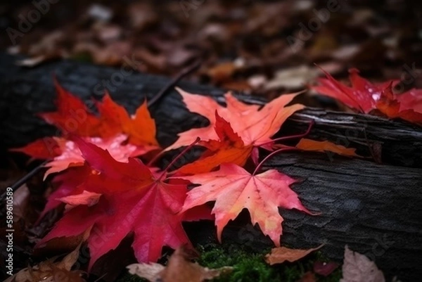 Fototapeta Red maple leaves on the ground. Generative AI.
