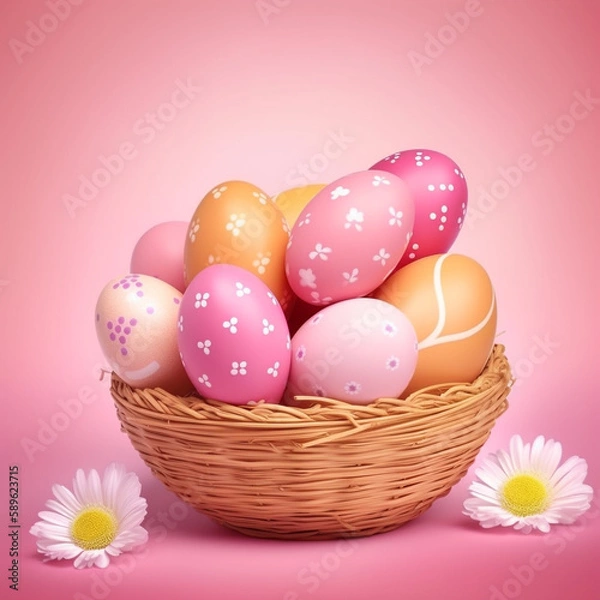 Obraz Multi-colored eggs in a wicker basket on a plain background. Easter eggs. AI generated image