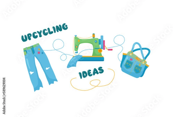 Fototapeta Vector cartoon illustration of upcycling process on white background. Idea to recycle old jeans to handbag and reduce waste. Ecological environmentally friendly idea to upcycle for design or concept