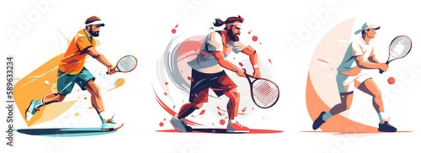 Fototapeta Set of tennis players in dynamic action, 2d flat color, vector illustration