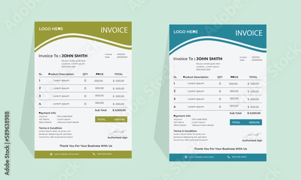Fototapeta Professional and modern invoice template . 2 Invoice Layout with Blue  & Green . 