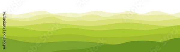 Fototapeta Panoramic view of the natural landscape. Flat illustration of green field background. green waves hills on white background, Vector illustration