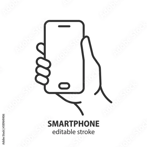 Obraz Smartphone line icon. Mobile phone in hand outline vector symbol. Editable stroke.