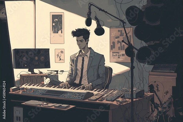 Fototapeta Musician in recording studio surrounded by instruments and equipment; style is realistic with subdued colors creating a feeling of authenticity and professionalism. Generative AI