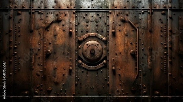 Fototapeta Rusty iron wall steampunk texture with pipes and cables and rivets background generative ai