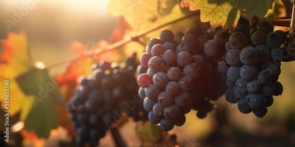 Fototapeta Vineyard closeup in sunny morning light. Generative AI