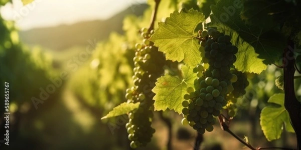 Fototapeta Vineyard closeup in sunny morning light. Generative AI