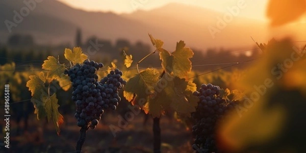 Fototapeta Vineyards at sunset with beautiful light. Generative AI
